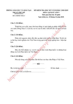Đề kiểm tra học kỳ I môn Lịch sử Lớp 9 - Năm học 2018-2019 - Phòng giáo dục và đào tạo thị xã Phú Mỹ (Có đáp án)